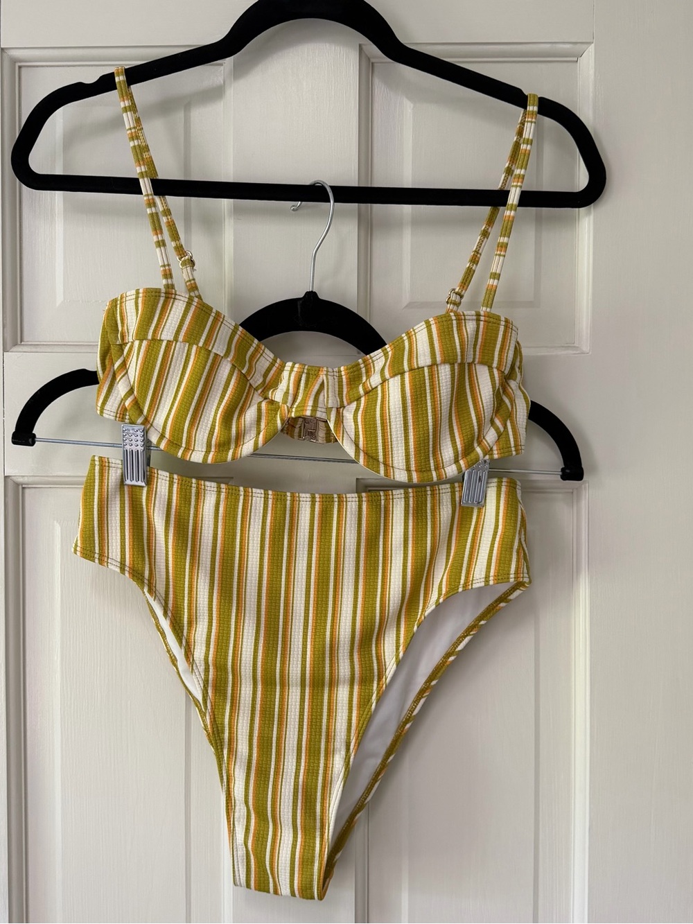 Faithfull the Brand White Lined Swimsuit with Yellow-Gold Trim